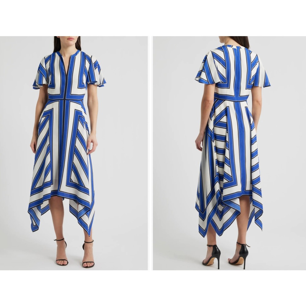Eliza J Blue White Geometric Striped Handkerchief Hem Midi Dress EJ6M4222-IYE 8